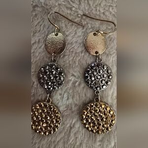 3 Pave Disc Black, Goldtone Drop Earrings Appox. 2-1/4"drop